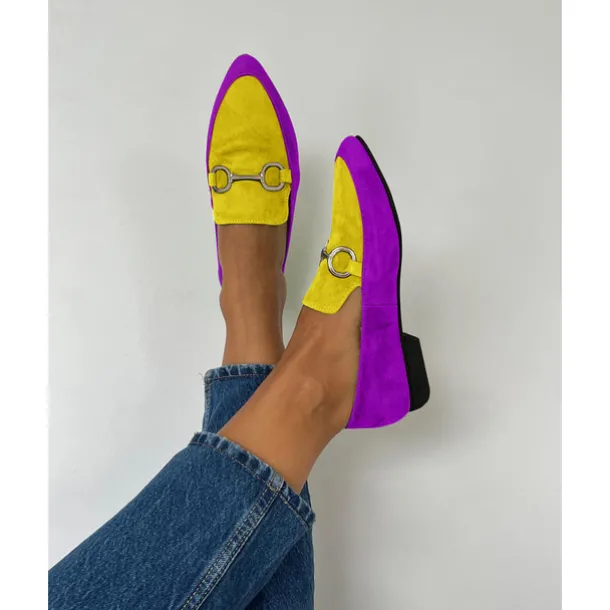 Women's Vibrant Yellow and Purple Faux Suede Loafers - Pointed Toe Slip-On Flats with Metallic Buckle Detailing for Chic Casual Style