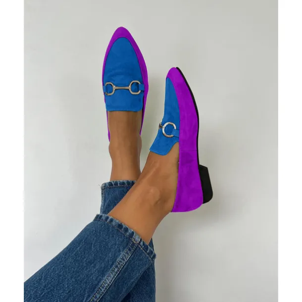 Women's Vibrant Yellow and Purple Faux Suede Loafers - Pointed Toe Slip-On Flats with Metallic Buckle Detailing for Chic Casual Style