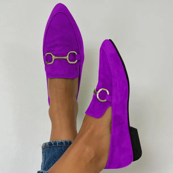 Women's Vibrant Yellow and Purple Faux Suede Loafers - Pointed Toe Slip-On Flats with Metallic Buckle Detailing for Chic Casual Style