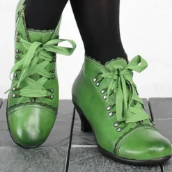 Women's Victorian Green Lace-Up Ankle Boots - Perfect for Vintage Themed Events and Unique Everyday Style