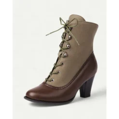 Women's Victorian Lace-Up Ankle Boots with Vintage Brogue Detailing – Faux Leather and Fabric High Heel Boots for Retro Fashion