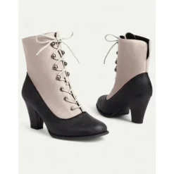 Women's Victorian Lace-Up Ankle Boots with Vintage Brogue Detailing – Faux Leather and Fabric High Heel Boots for Retro Fashion