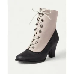 Women's Victorian Lace-Up Ankle Boots with Vintage Brogue Detailing – Faux Leather and Fabric High Heel Boots for Retro Fashion
