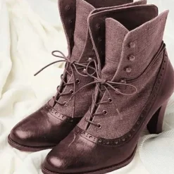 Women's Victorian Lace-Up Ankle Boots with Vintage Brogue Detailing – Faux Leather and Fabric High Heel Boots for Retro Fashion