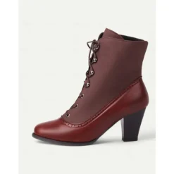 Women's Victorian Lace-Up Ankle Boots with Vintage Brogue Detailing – Faux Leather and Fabric High Heel Boots for Retro Fashion