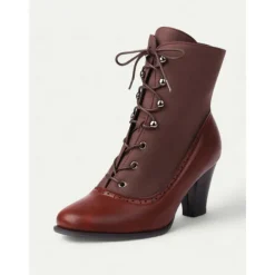 Women's Victorian Lace-Up Ankle Boots with Vintage Brogue Detailing – Faux Leather and Fabric High Heel Boots for Retro Fashion