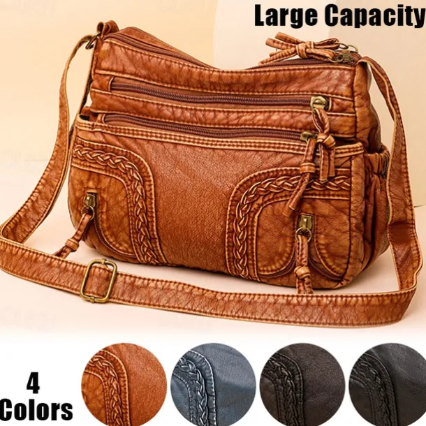 Women's Vintage Brown Faux Leather Shoulder Bag – Boho Crossbody Handbag with Multiple Pockets, Stylish Everyday Purse for Casual & Travel