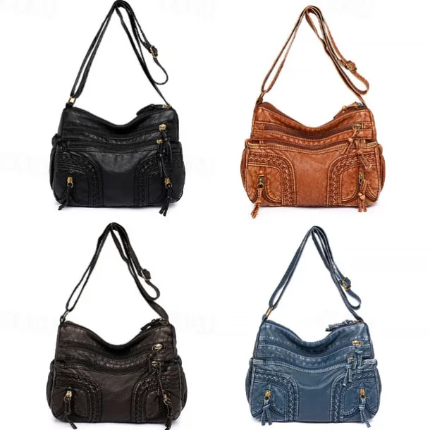 Women's Vintage Brown Faux Leather Shoulder Bag – Boho Crossbody Handbag with Multiple Pockets, Stylish Everyday Purse for Casual & Travel