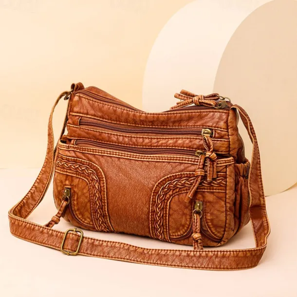 Women's Vintage Brown Faux Leather Shoulder Bag – Boho Crossbody Handbag with Multiple Pockets, Stylish Everyday Purse for Casual & Travel