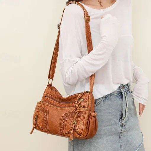 Women's Vintage Brown Faux Leather Shoulder Bag – Boho Crossbody Handbag with Multiple Pockets, Stylish Everyday Purse for Casual & Travel