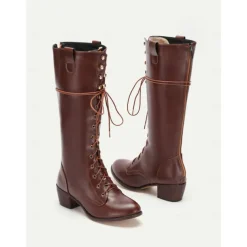 Women's Vintage Brown Faux Leather Lace-Up Knee-High Boots, Rustic Western Style Riding Boots for Outdoor Adventures