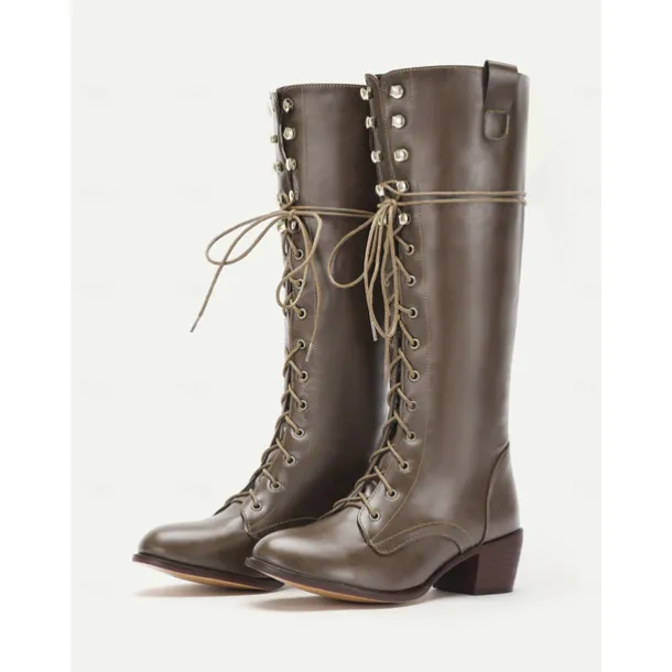 Women's Vintage Brown Faux Leather Lace-Up Knee-High Boots, Rustic Western Style Riding Boots for Outdoor Adventures