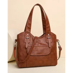 Women's Vintage Brown Faux Leather Tote Bag with Dual Handles and Adjustable Crossbody Strap – Spacious and Stylish for Everyday Use