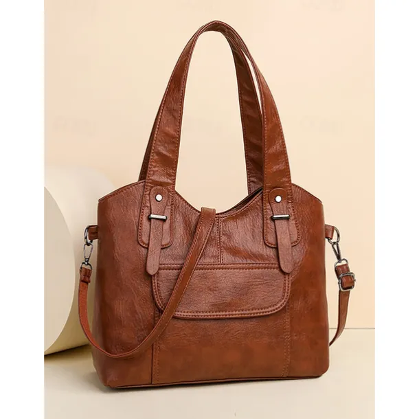 Women's Vintage Brown Faux Leather Tote Bag with Dual Handles and Adjustable Crossbody Strap – Spacious and Stylish for Everyday Use