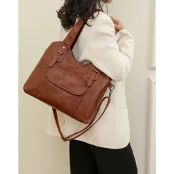 Women's Vintage Brown Faux Leather Tote Bag with Dual Handles and Adjustable Crossbody Strap – Spacious and Stylish for Everyday Use