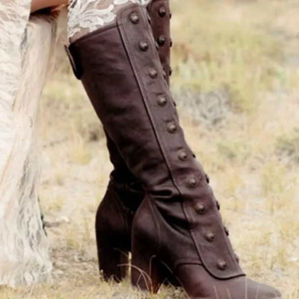 Women's Vintage Brown Knee-High Leather Boots with Button Detailing and Block Heel - Perfect for Outdoor Adventures and Country Chic Style