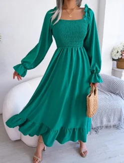 Women's Vintage Dress Midi Dress Patchwork Draped Elegant Formal Square Neck Long Sleeve Black Red Green Color