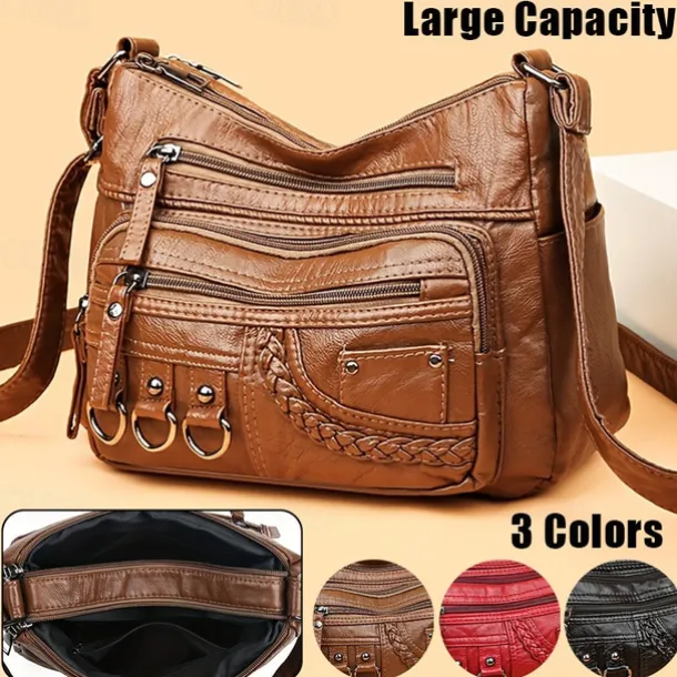 Women's Vintage Faux Leather Crossbody Bag with Multiple Zipper Pockets – Casual Shoulder Handbag for Everyday Use