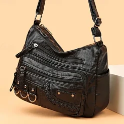 Women's Vintage Faux Leather Crossbody Bag with Multiple Zipper Pockets – Casual Shoulder Handbag for Everyday Use