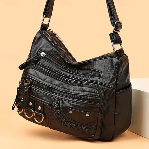 Women's Vintage Faux Leather Crossbody Bag with Multiple Zipper Pockets – Casual Shoulder Handbag for Everyday Use