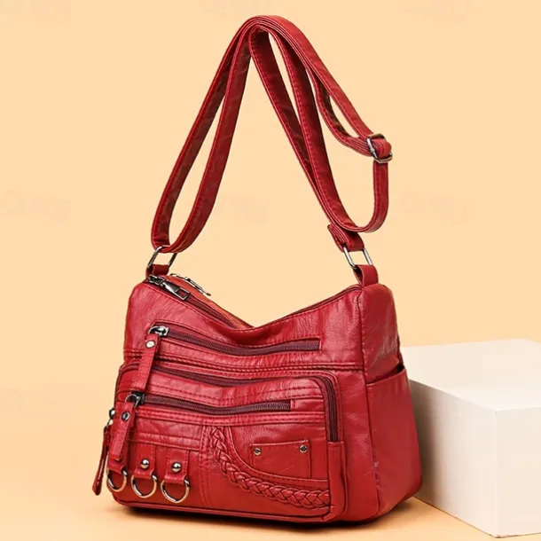 Women's Vintage Faux Leather Crossbody Bag with Multiple Zipper Pockets – Casual Shoulder Handbag for Everyday Use