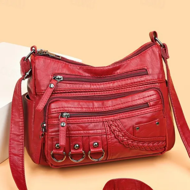 Women's Vintage Faux Leather Crossbody Bag with Multiple Zipper Pockets – Casual Shoulder Handbag for Everyday Use