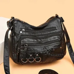 Women's Vintage Faux Leather Crossbody Bag with Multiple Zipper Pockets – Casual Shoulder Handbag for Everyday Use