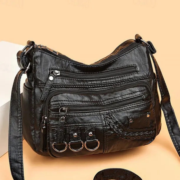 Women's Vintage Faux Leather Crossbody Bag with Multiple Zipper Pockets – Casual Shoulder Handbag for Everyday Use