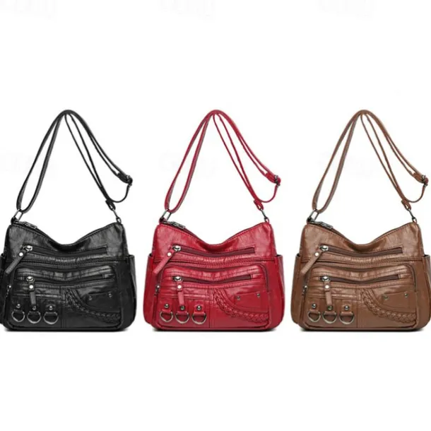 Women's Vintage Faux Leather Crossbody Bag with Multiple Zipper Pockets – Casual Shoulder Handbag for Everyday Use
