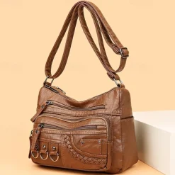 Women's Vintage Faux Leather Crossbody Bag with Multiple Zipper Pockets – Casual Shoulder Handbag for Everyday Use