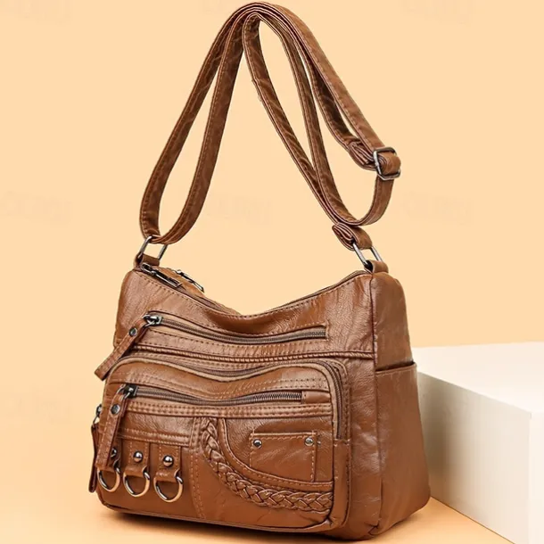 Women's Vintage Faux Leather Crossbody Bag with Multiple Zipper Pockets – Casual Shoulder Handbag for Everyday Use