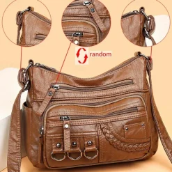 Women's Vintage Faux Leather Crossbody Bag with Multiple Zipper Pockets – Casual Shoulder Handbag for Everyday Use