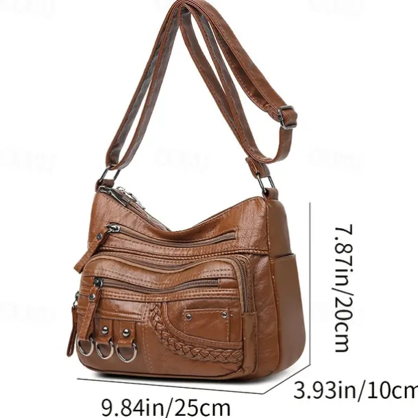 Women's Vintage Faux Leather Crossbody Bag with Multiple Zipper Pockets – Casual Shoulder Handbag for Everyday Use