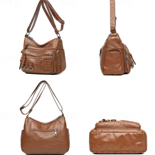 Women's Vintage Faux Leather Crossbody Bag with Multiple Zipper Pockets – Casual Shoulder Handbag for Everyday Use