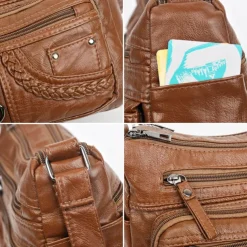 Women's Vintage Faux Leather Crossbody Bag with Multiple Zipper Pockets – Casual Shoulder Handbag for Everyday Use