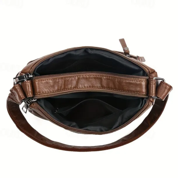 Women's Vintage Faux Leather Crossbody Bag with Multiple Zipper Pockets – Casual Shoulder Handbag for Everyday Use