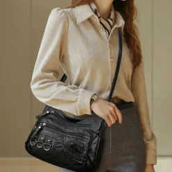 Women's Vintage Faux Leather Crossbody Bag with Multiple Zipper Pockets – Casual Shoulder Handbag for Everyday Use