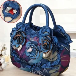 Women's Vintage Floral Embroidered Handbag – Elegant Blue Tote with 3D Rose Design, Spacious Interior, and Zipper Closure – Ideal for Casual Outings and Special Occasions