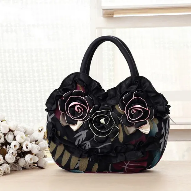 Women's Vintage Floral Embroidered Handbag – Elegant Blue Tote with 3D Rose Design, Spacious Interior, and Zipper Closure – Ideal for Casual Outings and Special Occasions