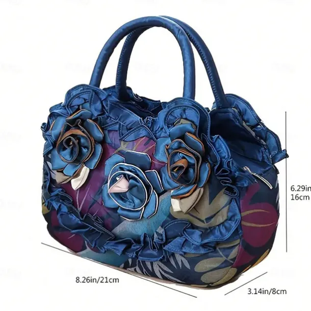 Women's Vintage Floral Embroidered Handbag – Elegant Blue Tote with 3D Rose Design, Spacious Interior, and Zipper Closure – Ideal for Casual Outings and Special Occasions