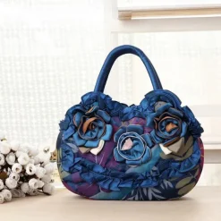 Women's Vintage Floral Embroidered Handbag – Elegant Blue Tote with 3D Rose Design, Spacious Interior, and Zipper Closure – Ideal for Casual Outings and Special Occasions