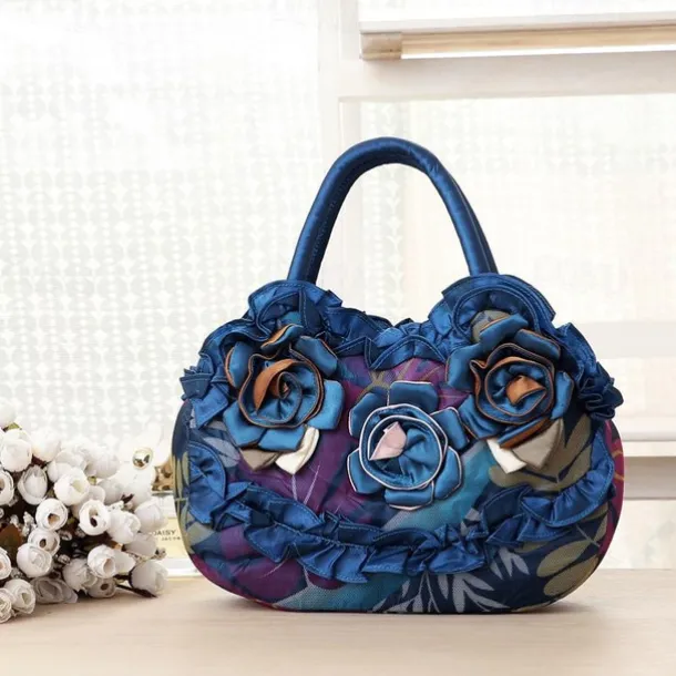 Women's Vintage Floral Embroidered Handbag – Elegant Blue Tote with 3D Rose Design, Spacious Interior, and Zipper Closure – Ideal for Casual Outings and Special Occasions
