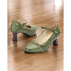 Women's Vintage Green faux Leather Mary Jane Heels with Scalloped Edge and Button Detail - Comfortable Low Heels for Work, Formal Events and Retro Style Outfits