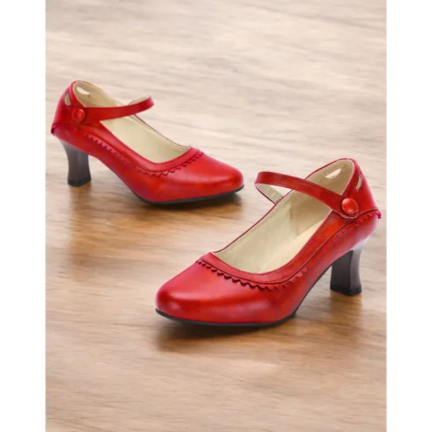 Women's Vintage Green faux Leather Mary Jane Heels with Scalloped Edge and Button Detail - Comfortable Low Heels for Work， Formal Events and Retro Style Outfits