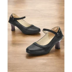 Women's Vintage Green faux Leather Mary Jane Heels with Scalloped Edge and Button Detail - Comfortable Low Heels for Work， Formal Events and Retro Style Outfits