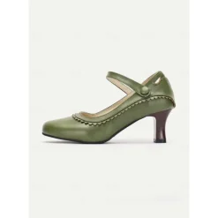Women's Vintage Green faux Leather Mary Jane Heels with Scalloped Edge and Button Detail - Comfortable Low Heels for Work， Formal Events and Retro Style Outfits