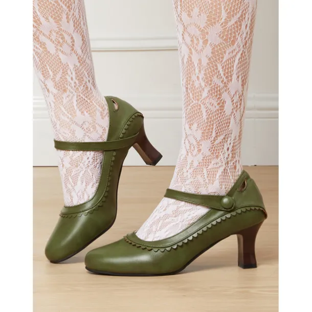 Women's Vintage Green faux Leather Mary Jane Heels with Scalloped Edge and Button Detail - Comfortable Low Heels for Work， Formal Events and Retro Style Outfits