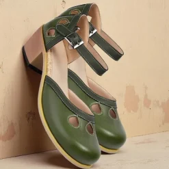 Women's Vintage Green Mary Jane Faux Leather Heels with Cutout Design and Adjustable Strap – Comfortable Retro Block Heel Shoes for Casual and Formal Occasions
