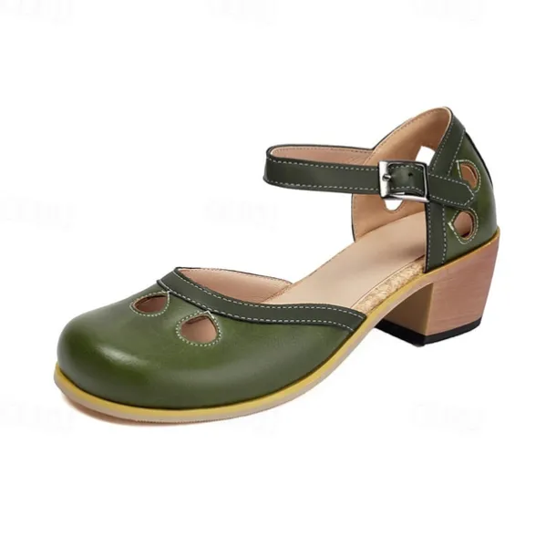 Women's Vintage Green Mary Jane Faux Leather Heels with Cutout Design and Adjustable Strap – Comfortable Retro Block Heel Shoes for Casual and Formal Occasions