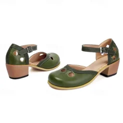 Women's Vintage Green Mary Jane Faux Leather Heels with Cutout Design and Adjustable Strap – Comfortable Retro Block Heel Shoes for Casual and Formal Occasions